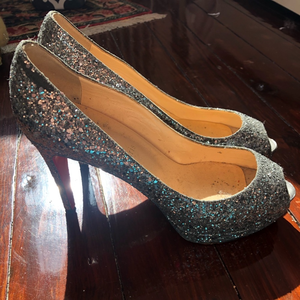 Silver Sequin Platform Open Toe Heels.